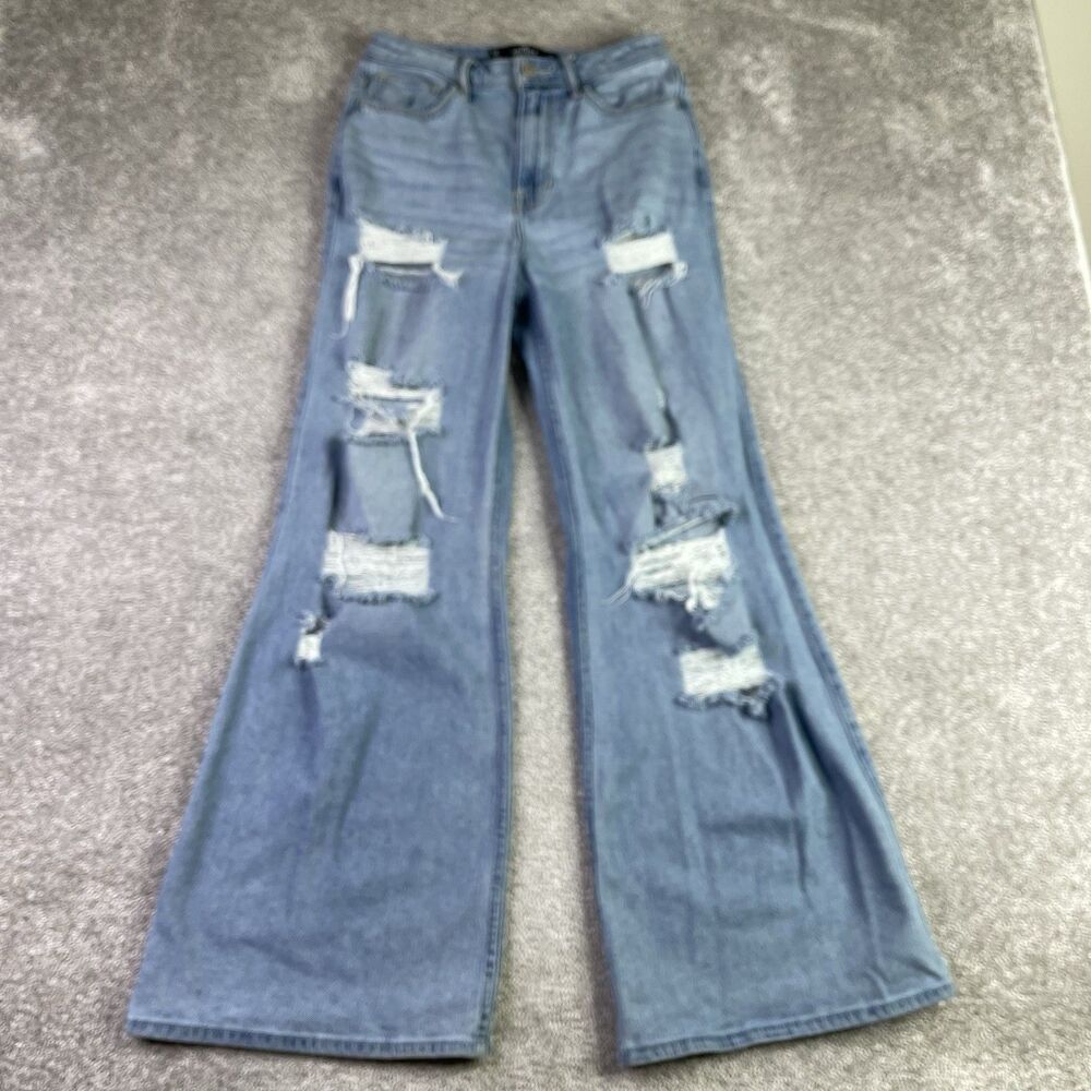 Hollister Jeans Women’s 27X30 Blue Wide Leg High Rise Light Wash Ripped Torn